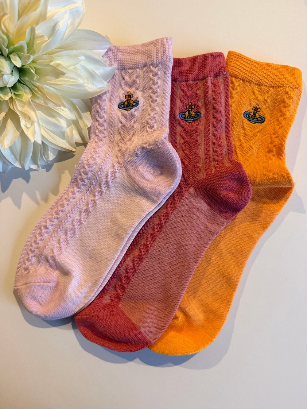Vivienne Westwood Pastel Pink, Mauve & Bright Orange Cable Knit Crew Socks